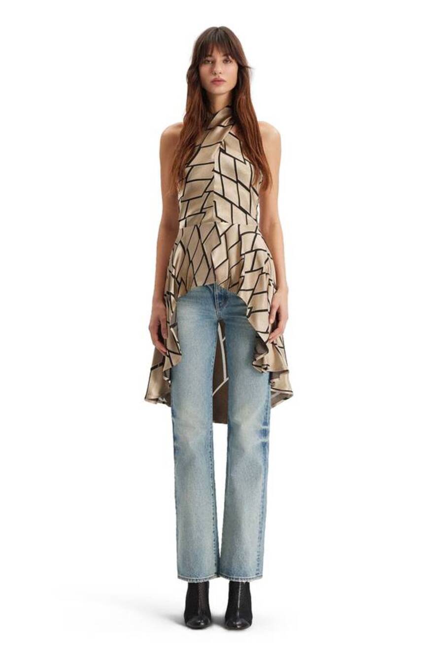 Theo the Label Theia Retro Burnout Hi Low Halter Top in Sand M